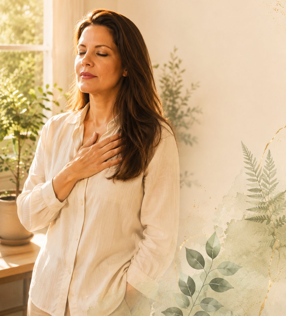 A woman standing peacefully in soft light, hand on heart