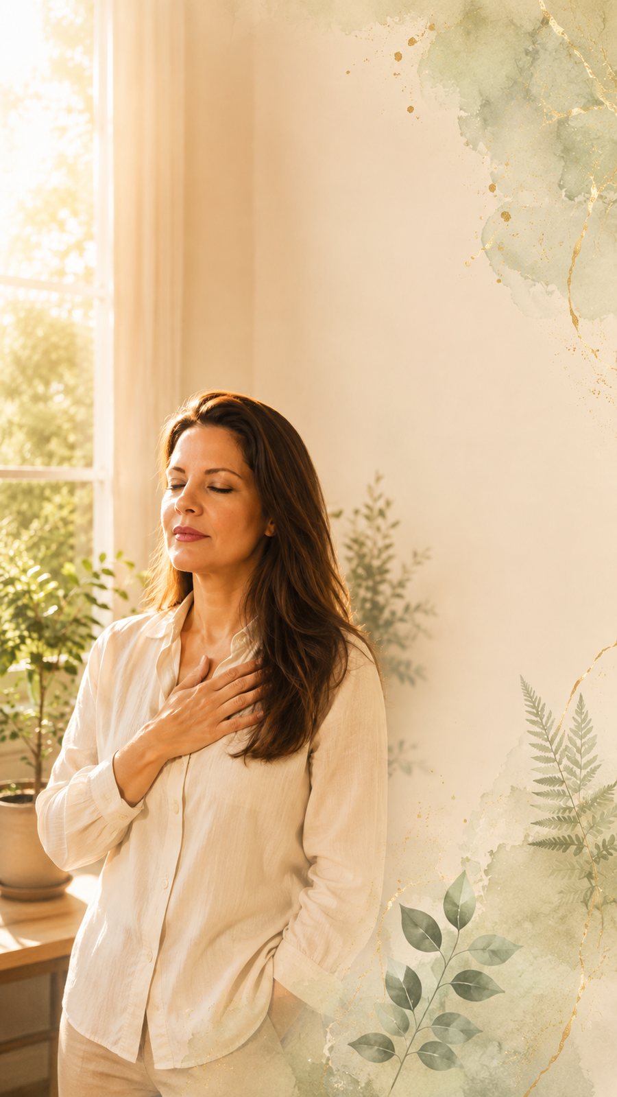 A woman standing calmly by a sunlit window with a hand resting on her heart