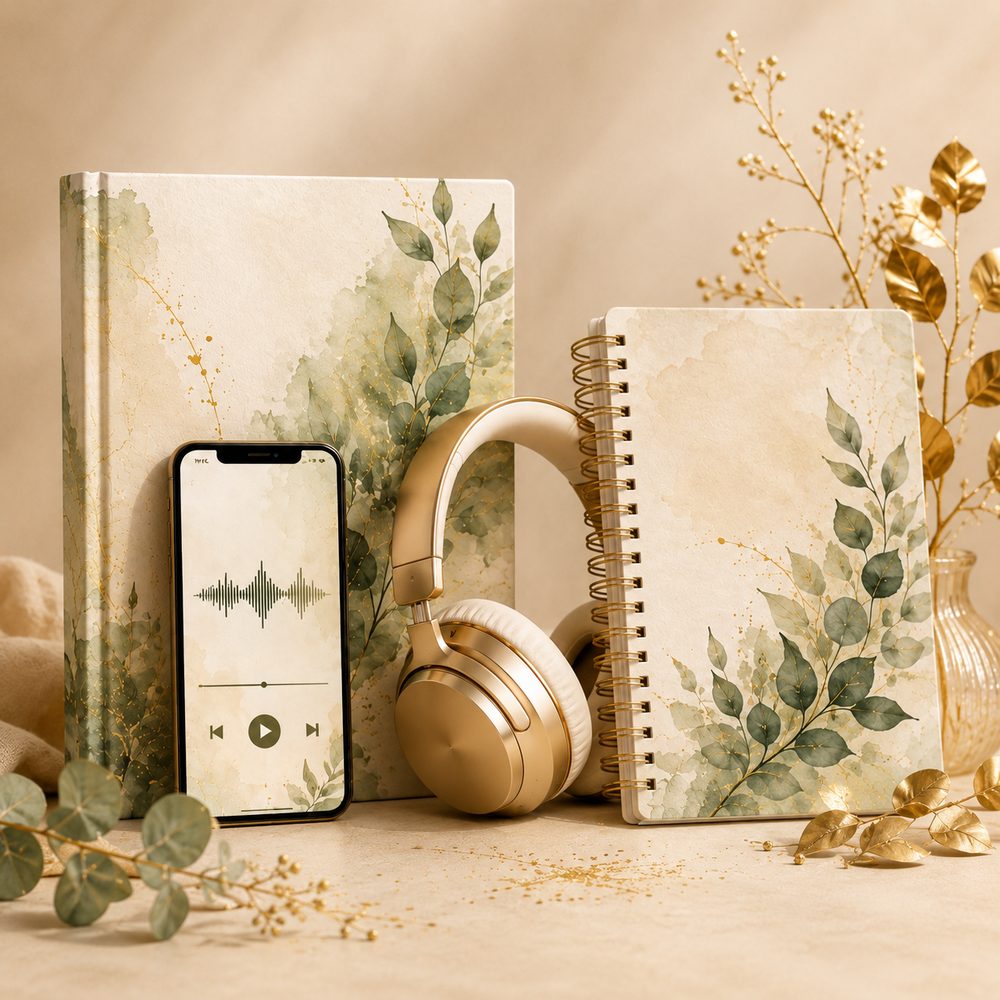 A calm set of wellness materials — journal, audio player and headphones