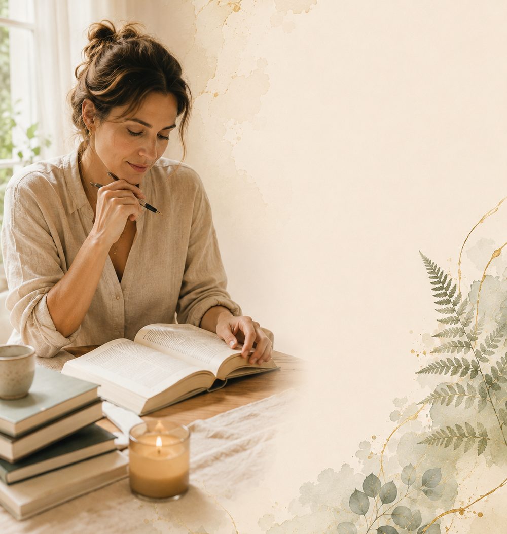 A woman journaling quietly by candlelight